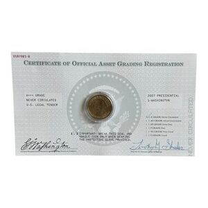 2007 Presidential George Washington Dollar Coin Certificate Asset Grading NIB
